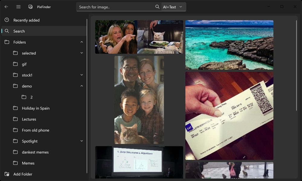PixFinder dark mode — mixed library results