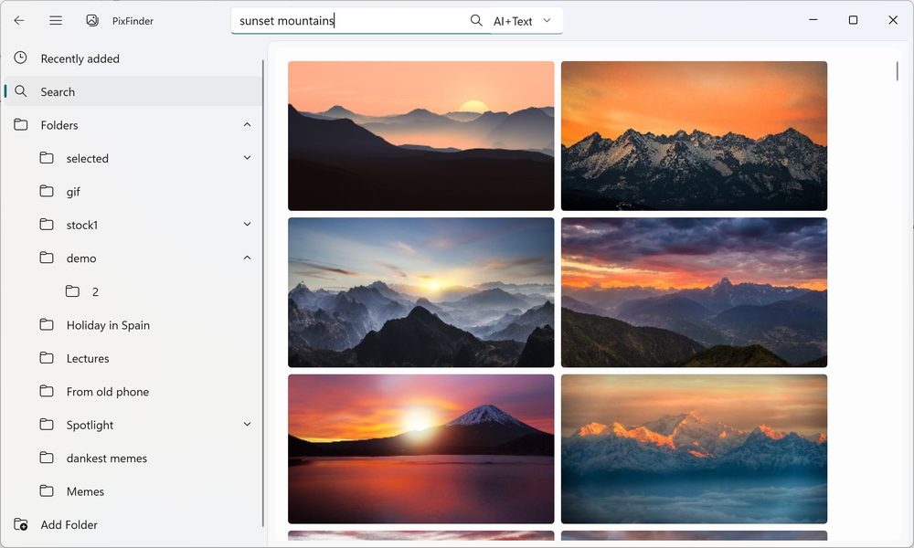 PixFinder AI+Text search — sunset mountains