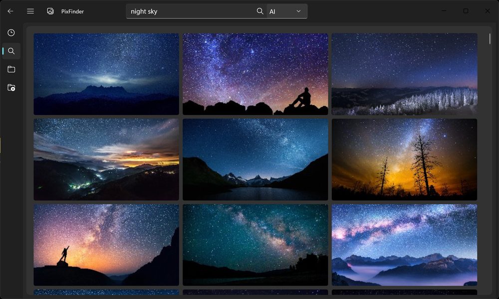 PixFinder dark mode — night sky results